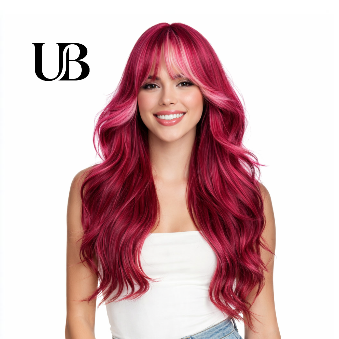 Peluca de 66 centímetro con Mechas Balayage  Fleco en ‘V’ • Ondas Naturales  Para Diario, Fiesta, Viajes Colores Disponibles: Rojo Vibrante, Azul Eléctrico, Morado Mystic
