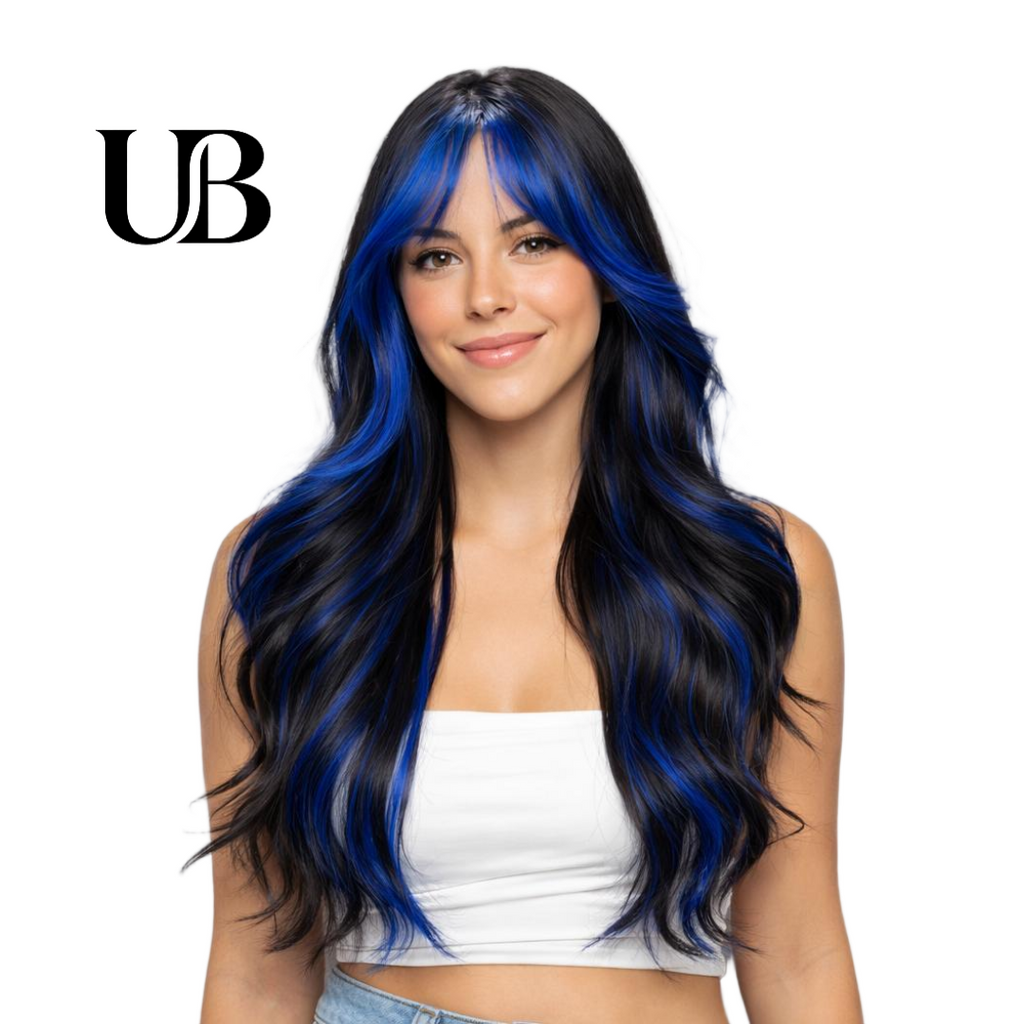 Peluca de 66 centímetro con Mechas Balayage  Fleco en ‘V’ • Ondas Naturales  Para Diario, Fiesta, Viajes Colores Disponibles: Rojo Vibrante, Azul Eléctrico, Morado Mystic