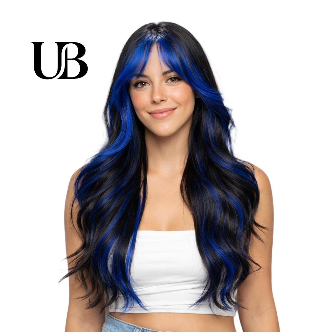 Peluca de 66 centímetro con Mechas Balayage  Fleco en ‘V’ • Ondas Naturales  Para Diario, Fiesta, Viajes Colores Disponibles: Rojo Vibrante, Azul Eléctrico, Morado Mystic