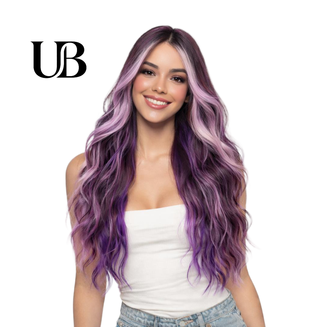 Peluca de 66 centímetro con Mechas Balayage  Fleco en ‘V’ • Ondas Naturales  Para Diario, Fiesta, Viajes Colores Disponibles: Rojo Vibrante, Azul Eléctrico, Morado Mystic