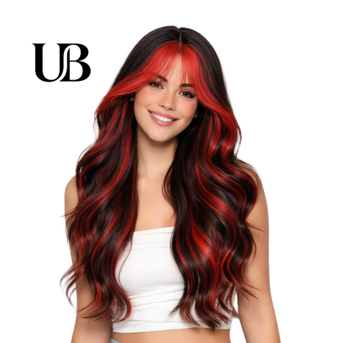 Peluca de 66 centímetro con Mechas Balayage  Fleco en ‘V’ • Ondas Naturales  Para Diario, Fiesta, Viajes Colores Disponibles: Rojo Vibrante, Azul Eléctrico, Morado Mystic