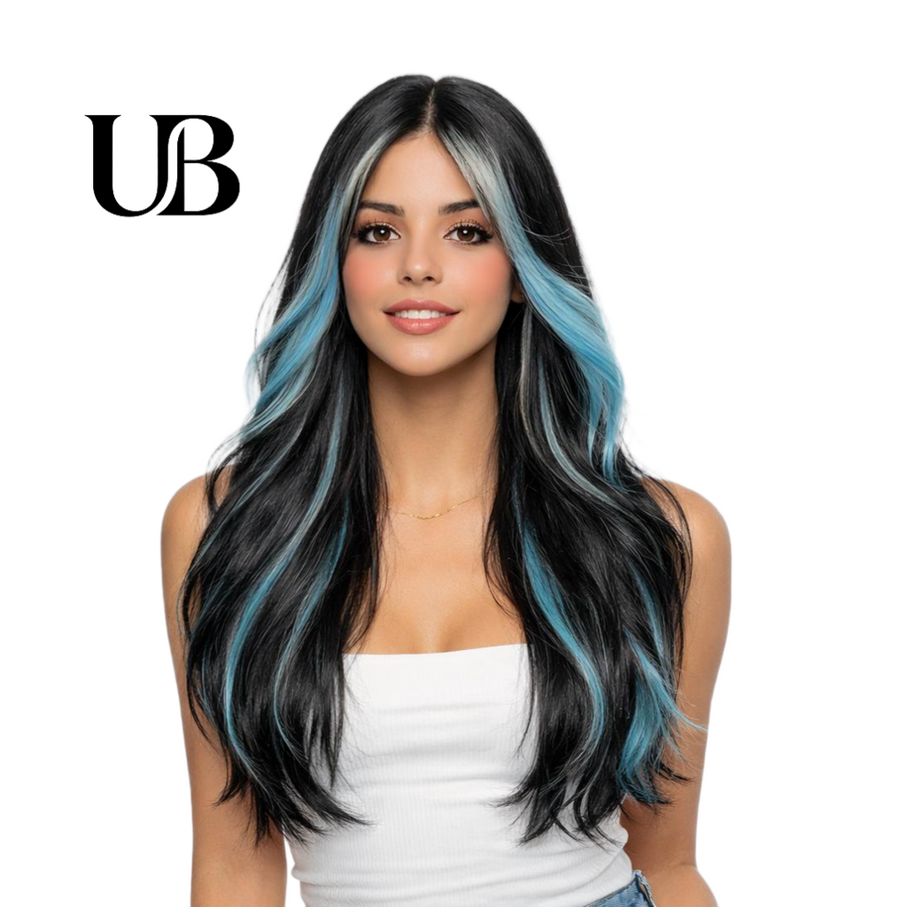 Peluca de 66 centímetro con Mechas Balayage  Fleco en ‘V’ • Ondas Naturales  Para Diario, Fiesta, Viajes Colores Disponibles: Rojo Vibrante, Azul Eléctrico, Morado Mystic