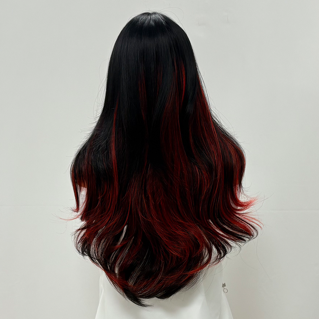 Peluca de 66 centímetro con Mechas Balayage  Fleco en ‘V’ • Ondas Naturales  Para Diario, Fiesta, Viajes Colores Disponibles: Rojo Vibrante, Azul Eléctrico, Morado Mystic