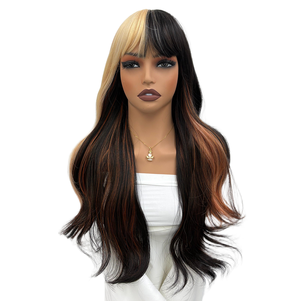 Peluca de Cabello Ondulado Largo de 66 cm con Flequillo, Tono Rubio Platino y Caramelo con Mechas, Fibra Térmica