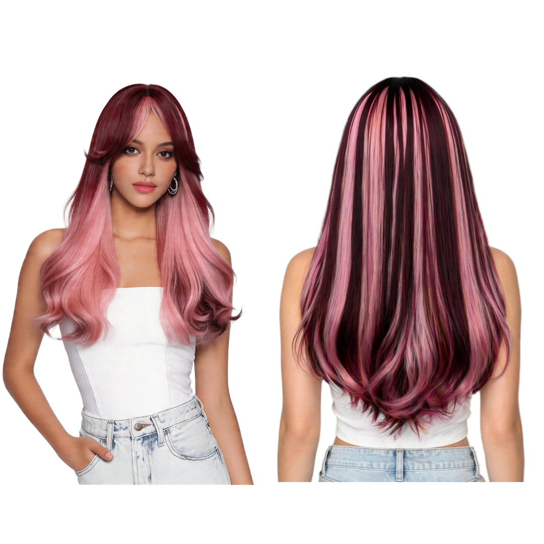 UBeauty Peluca De 66 CM, Rosa Con Mechas Rojo Cereza, Con Flequillo Y Termorresistente
