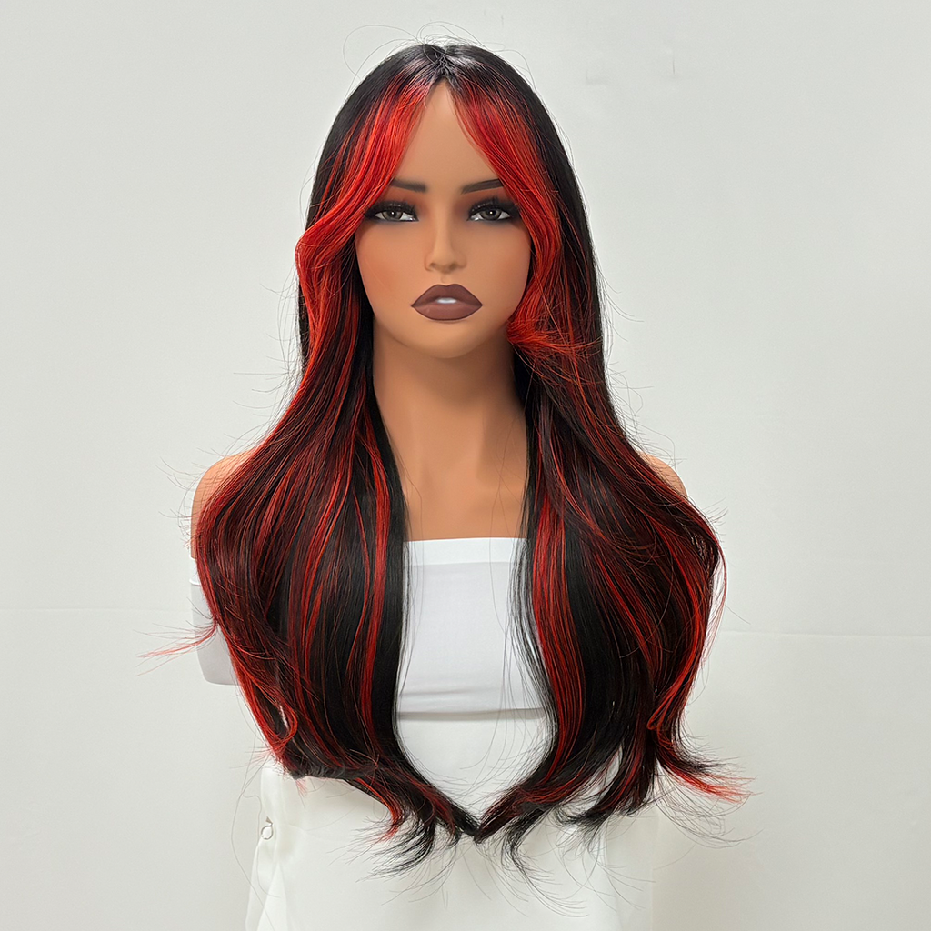 Peluca de 66 centímetro con Mechas Balayage  Fleco en ‘V’ • Ondas Naturales  Para Diario, Fiesta, Viajes Colores Disponibles: Rojo Vibrante, Azul Eléctrico, Morado Mystic