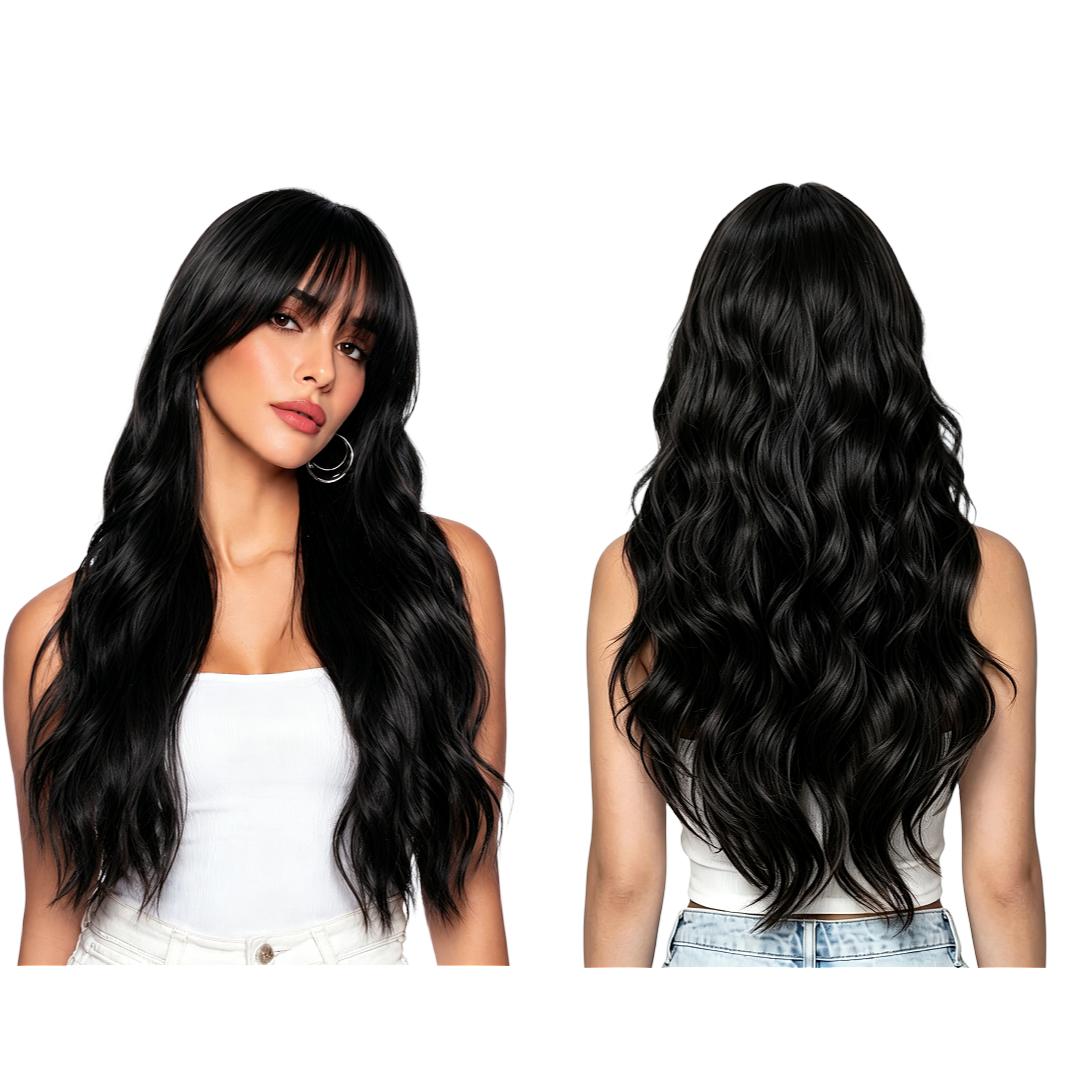 UBeauty Peluca Larga De 68 Cm En Onda De Agua Color Negro, Con Flequillo Y Termorresistente