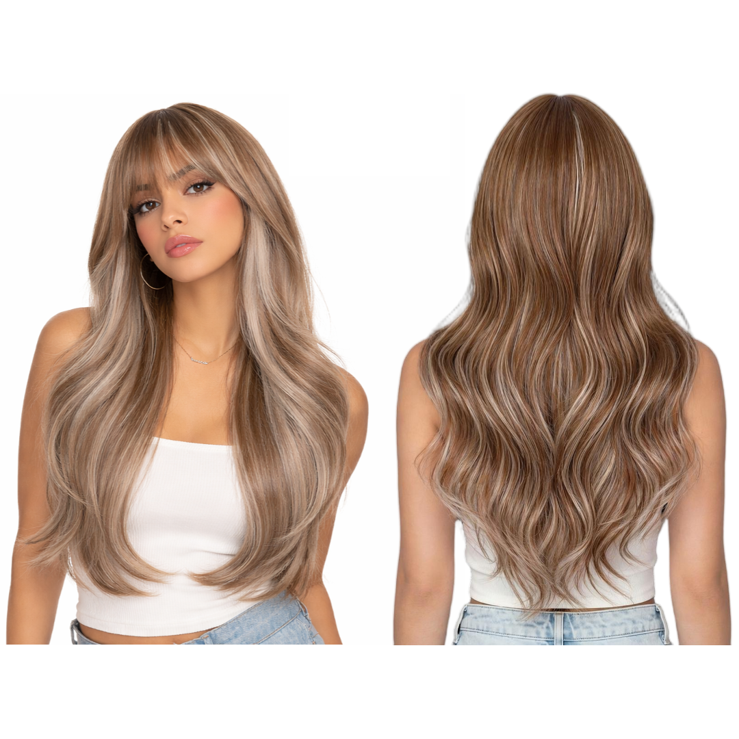 UBeauty Peluca Larga Ondulada Con Flequillo Color Rubio Cenizo Con Mechas Platino 66CM Fibra Sintética Resistente Al Calor Para Mujer