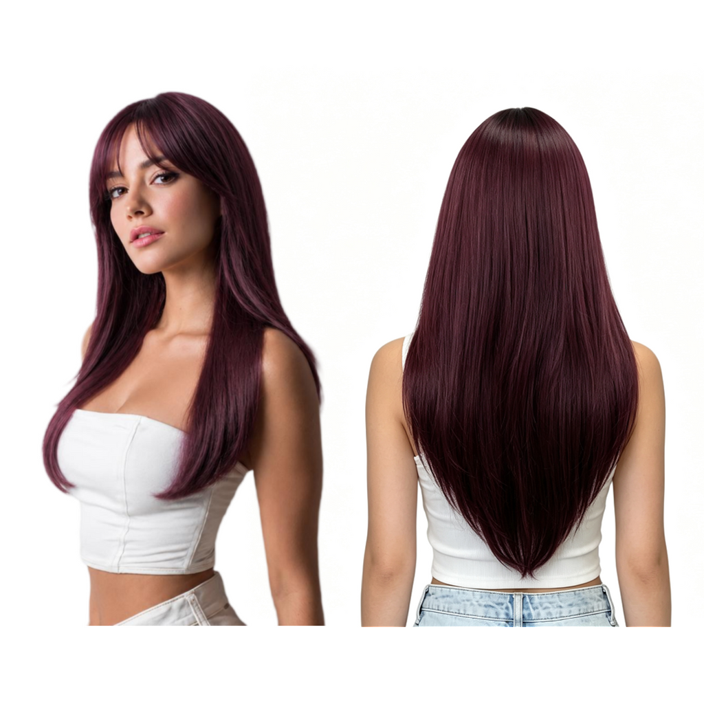 Peluca rojo cereza degradado de 24 pulgadas (61 cm), lisa y larga con flequillo estilo cortina