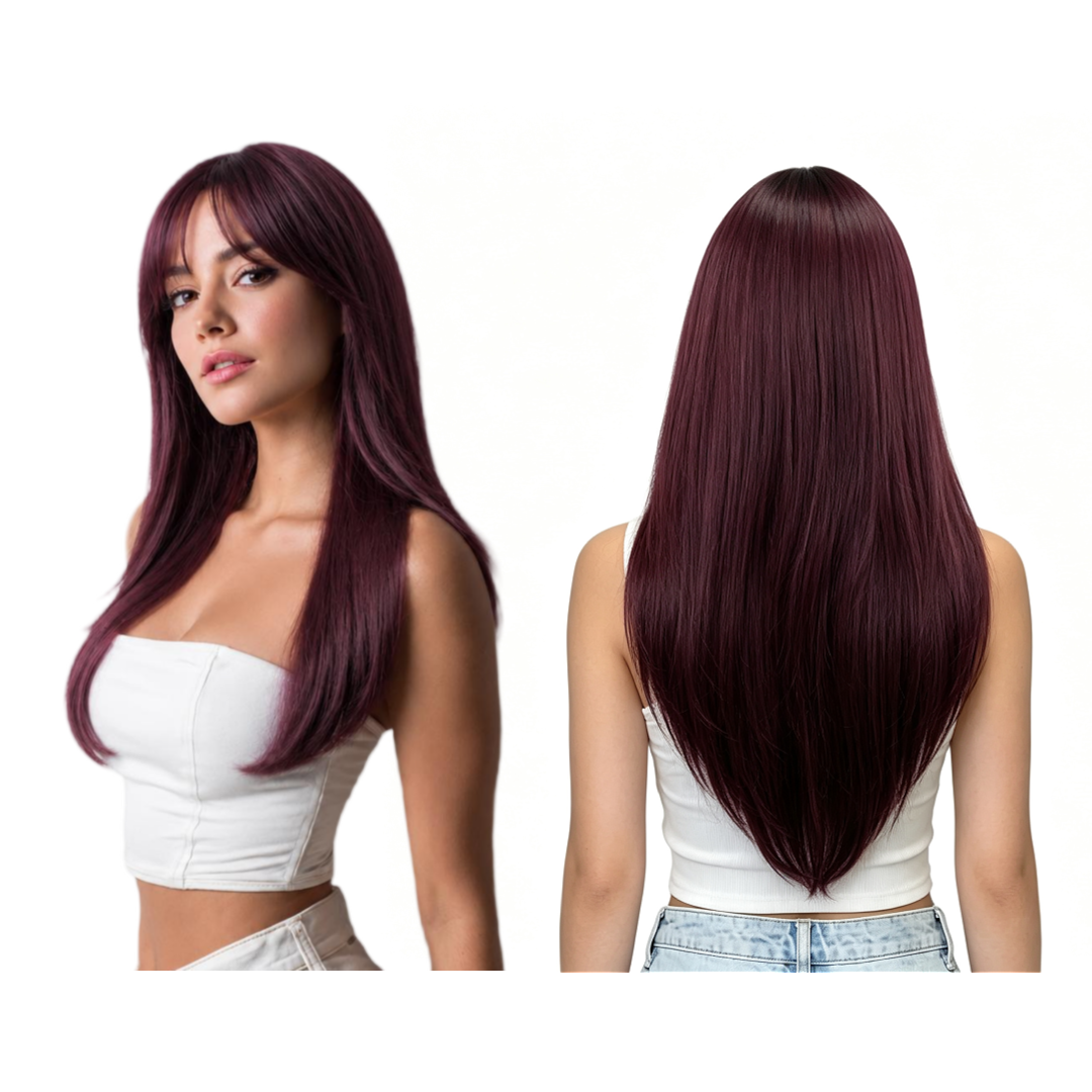 Peluca rojo cereza degradado de 24 pulgadas (61 cm), lisa y larga con flequillo estilo cortina
