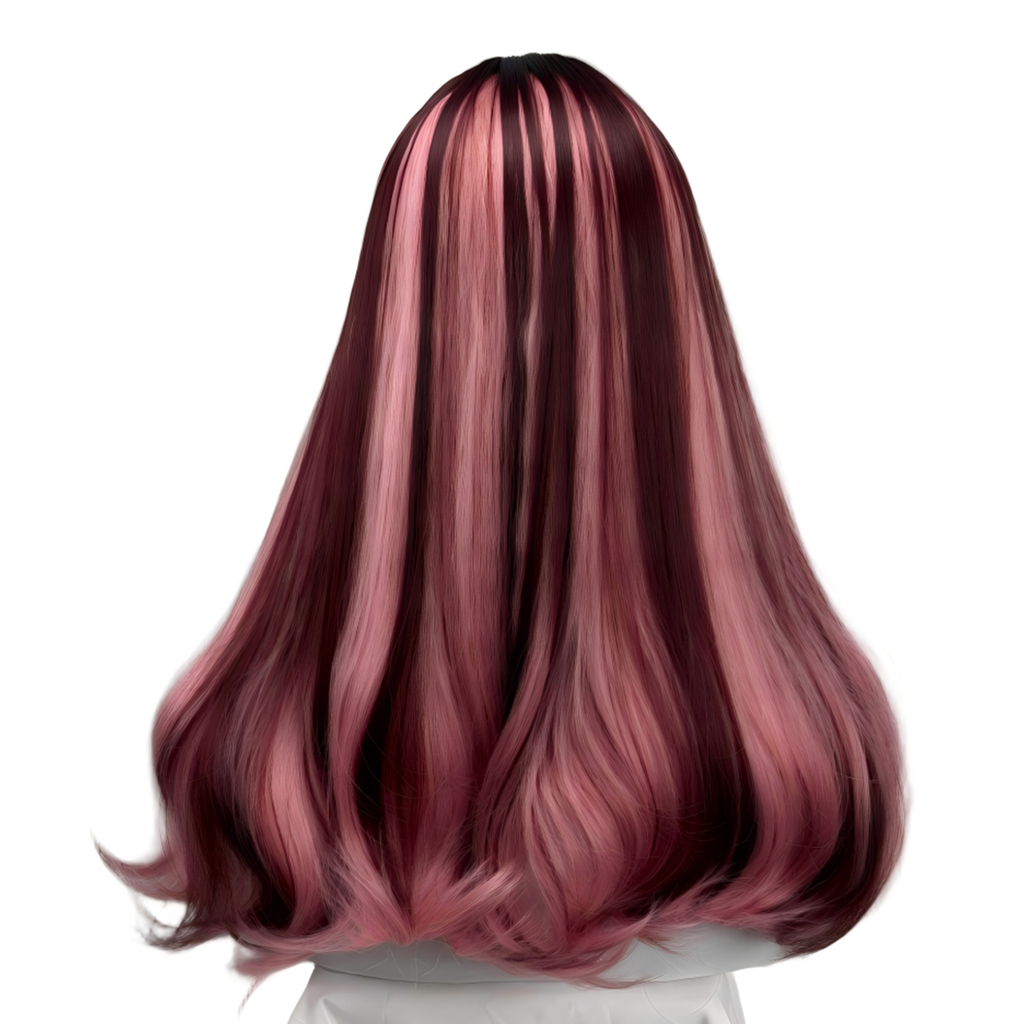 UBeauty Peluca De 66 CM, Rosa Con Mechas Rojo Cereza, Con Flequillo Y Termorresistente