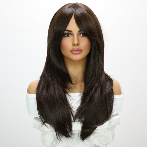 Peluca negra lisa y larga de 24 pulgadas (61 cm) con flequillo estilo cortina