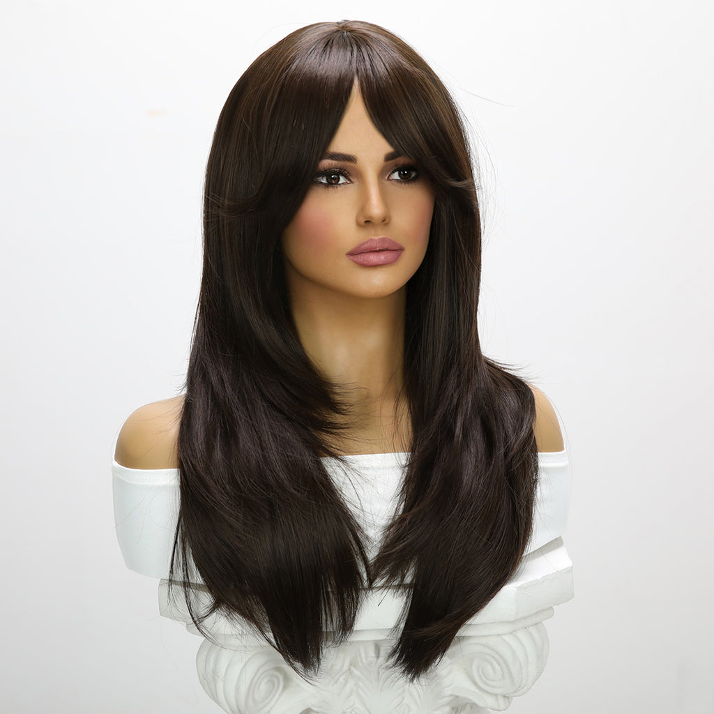Peluca negra lisa y larga de 24 pulgadas (61 cm) con flequillo estilo cortina
