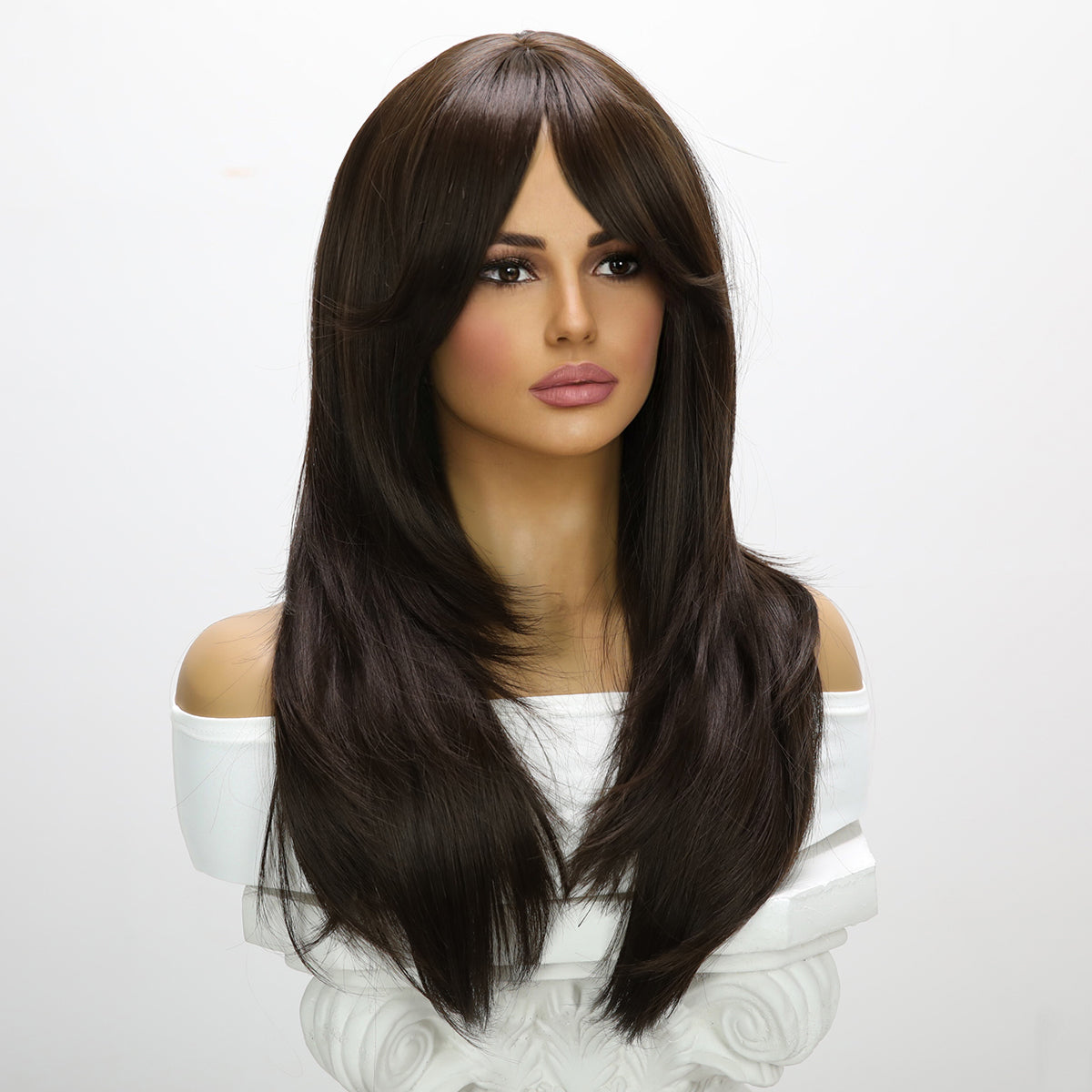 Peluca negra lisa y larga de 24 pulgadas (61 cm) con flequillo estilo cortina