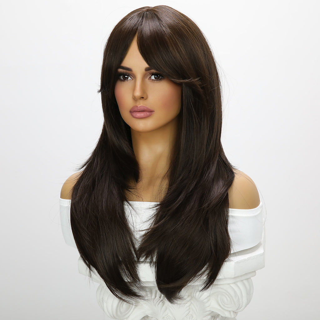 Peluca negra lisa y larga de 24 pulgadas (61 cm) con flequillo estilo cortina