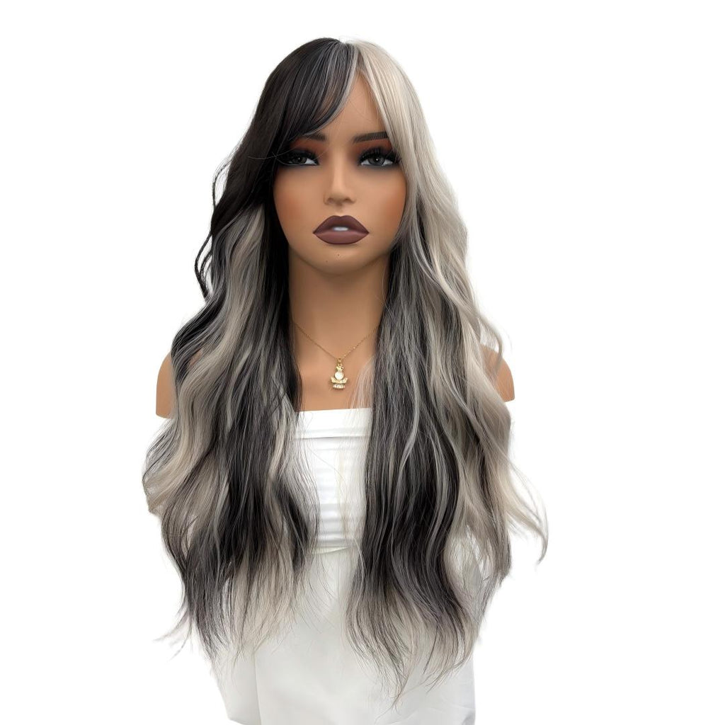 Peluca Ondulada Halloween66cm Negro Blanco Highlight Térmica En Blanco Y Negro