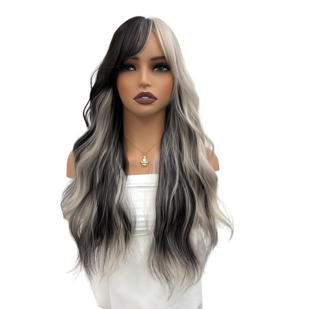 Peluca Ondulada Halloween66cm Negro Blanco Highlight Térmica En Blanco Y Negro