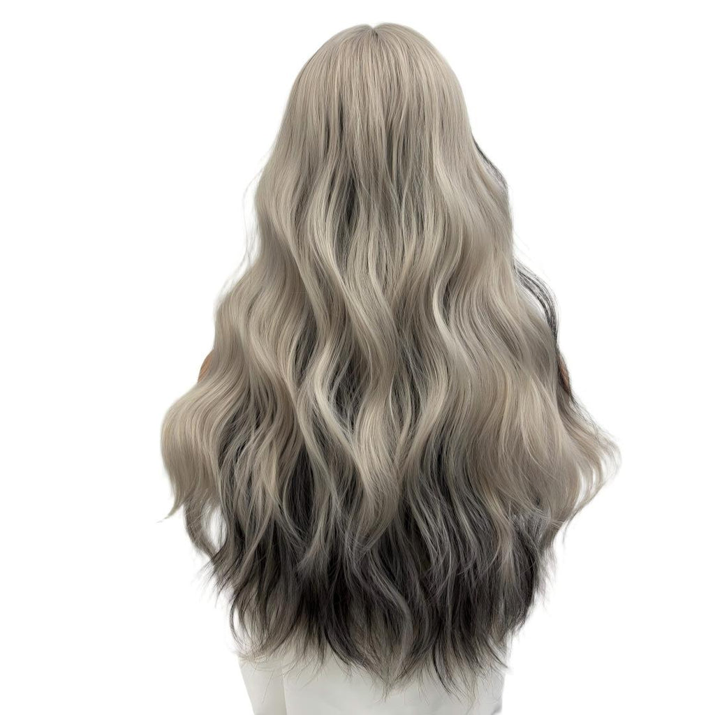 Peluca Ondulada Halloween66cm Negro Blanco Highlight Térmica En Blanco Y Negro