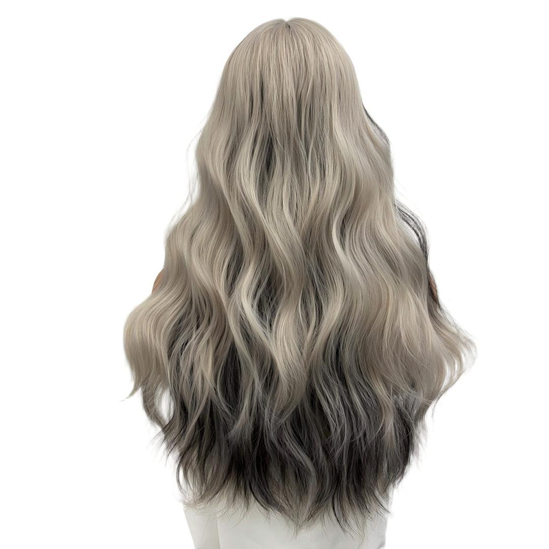 Peluca Ondulada Halloween66cm Negro Blanco Highlight Térmica En Blanco Y Negro