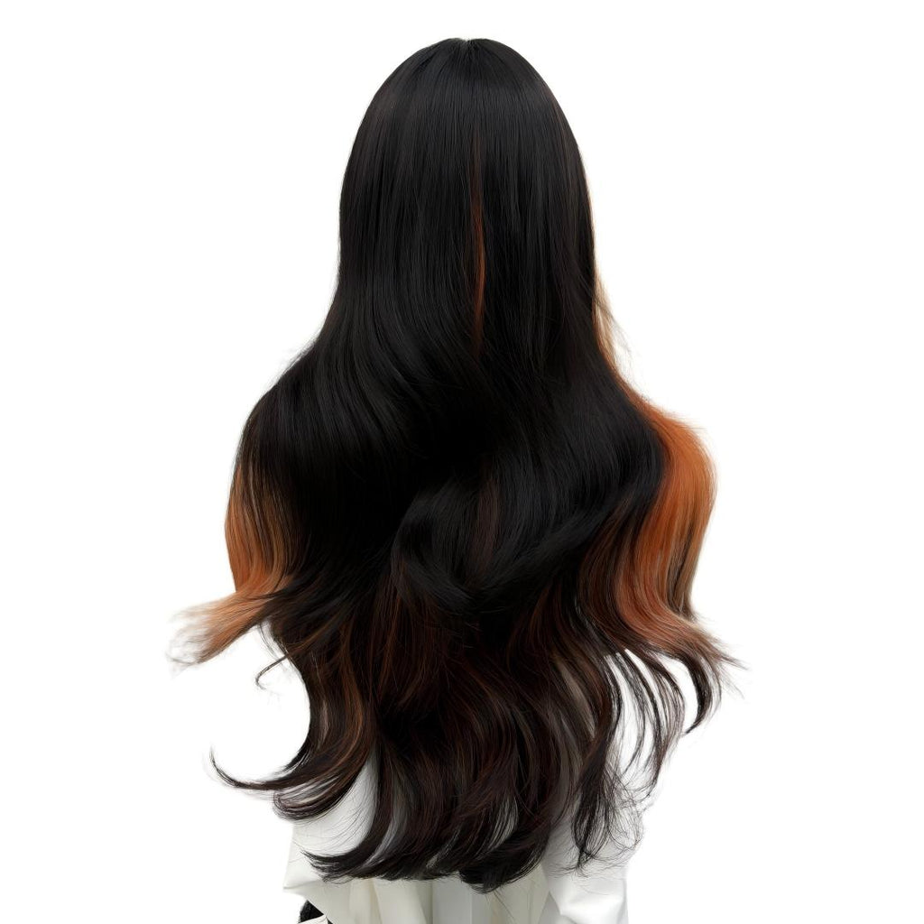 Peluca de Cabello Ondulado Largo de 66 cm con Flequillo, Tono Rubio Platino y Caramelo con Mechas, Fibra Térmica