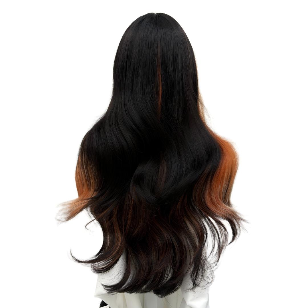 Peluca de Cabello Ondulado Largo de 66 cm con Flequillo, Tono Rubio Platino y Caramelo con Mechas, Fibra Térmica