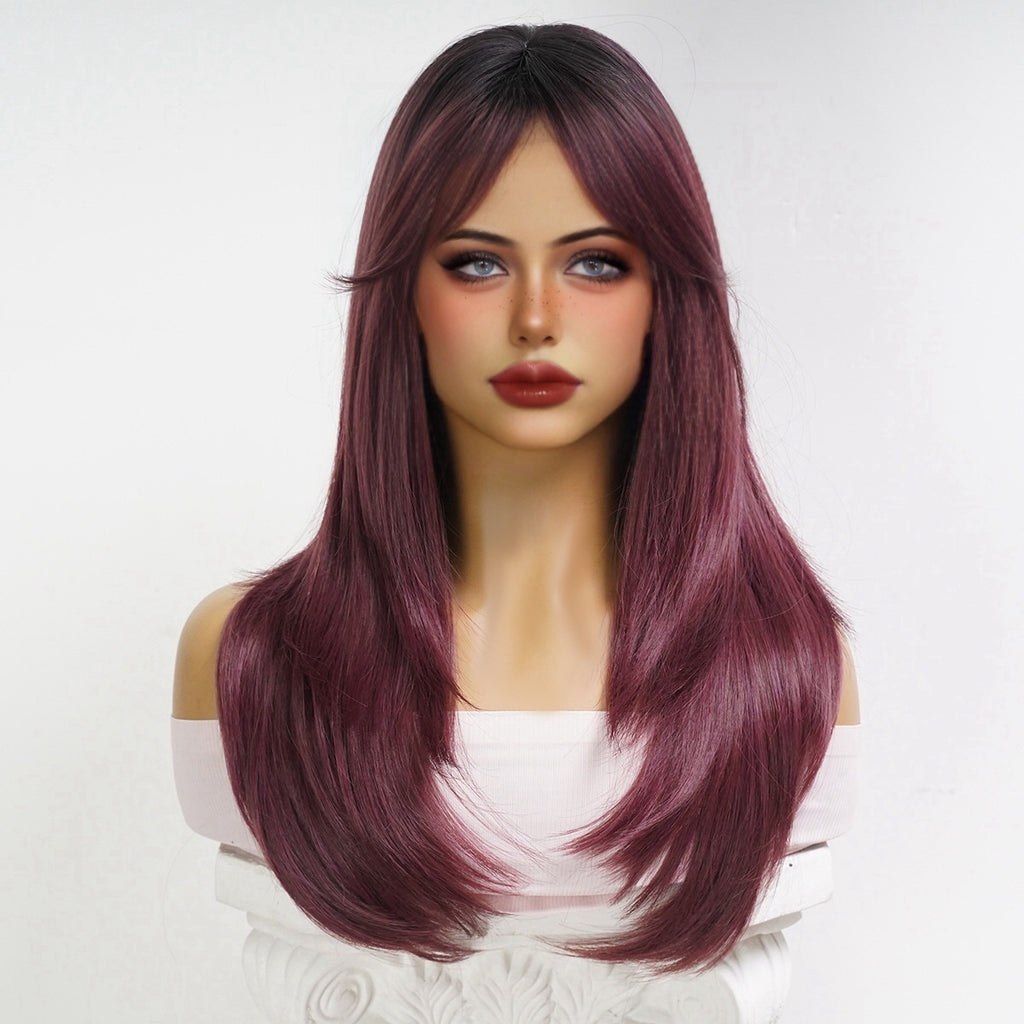 Peluca rojo cereza degradado de 24 pulgadas (61 cm), lisa y larga con flequillo estilo cortina