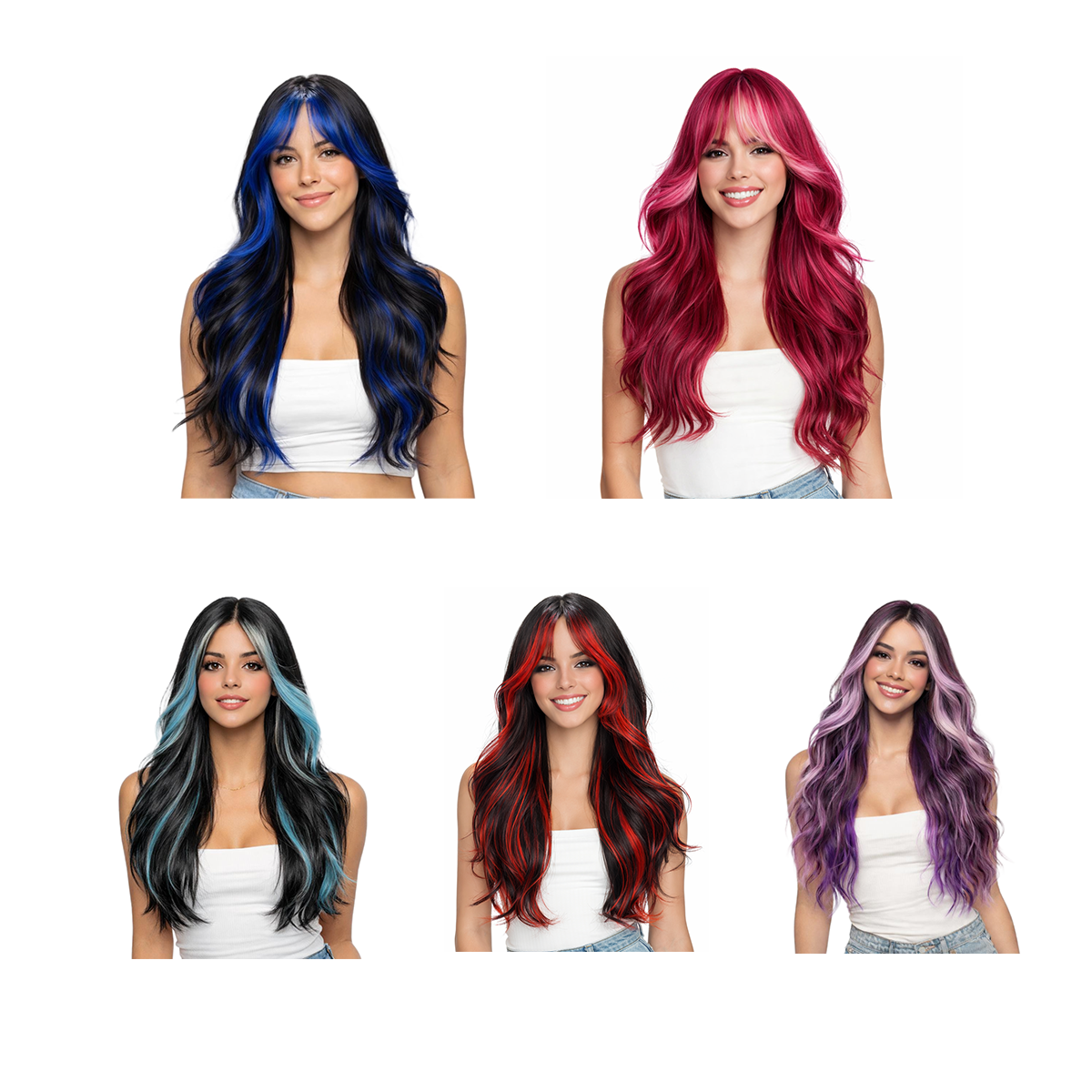Peluca de 66 centímetro con Mechas Balayage  Fleco en ‘V’ • Ondas Naturales  Para Diario, Fiesta, Viajes Colores Disponibles: Rojo Vibrante, Azul Eléctrico, Morado Mystic