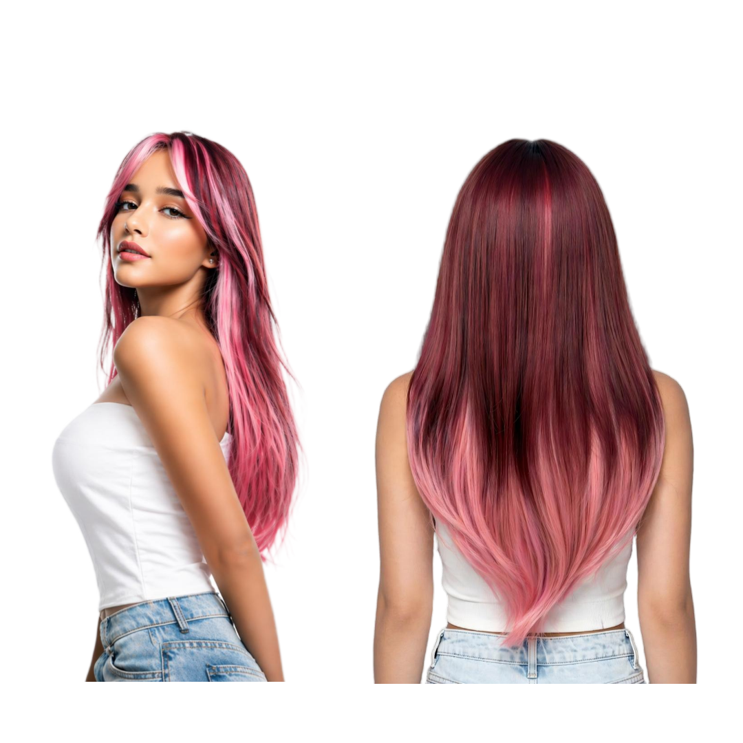 UBeauty Peluca De 66 CM, Rosa Con Mechas Rojo Cereza, Con Flequillo Y Termorresistente