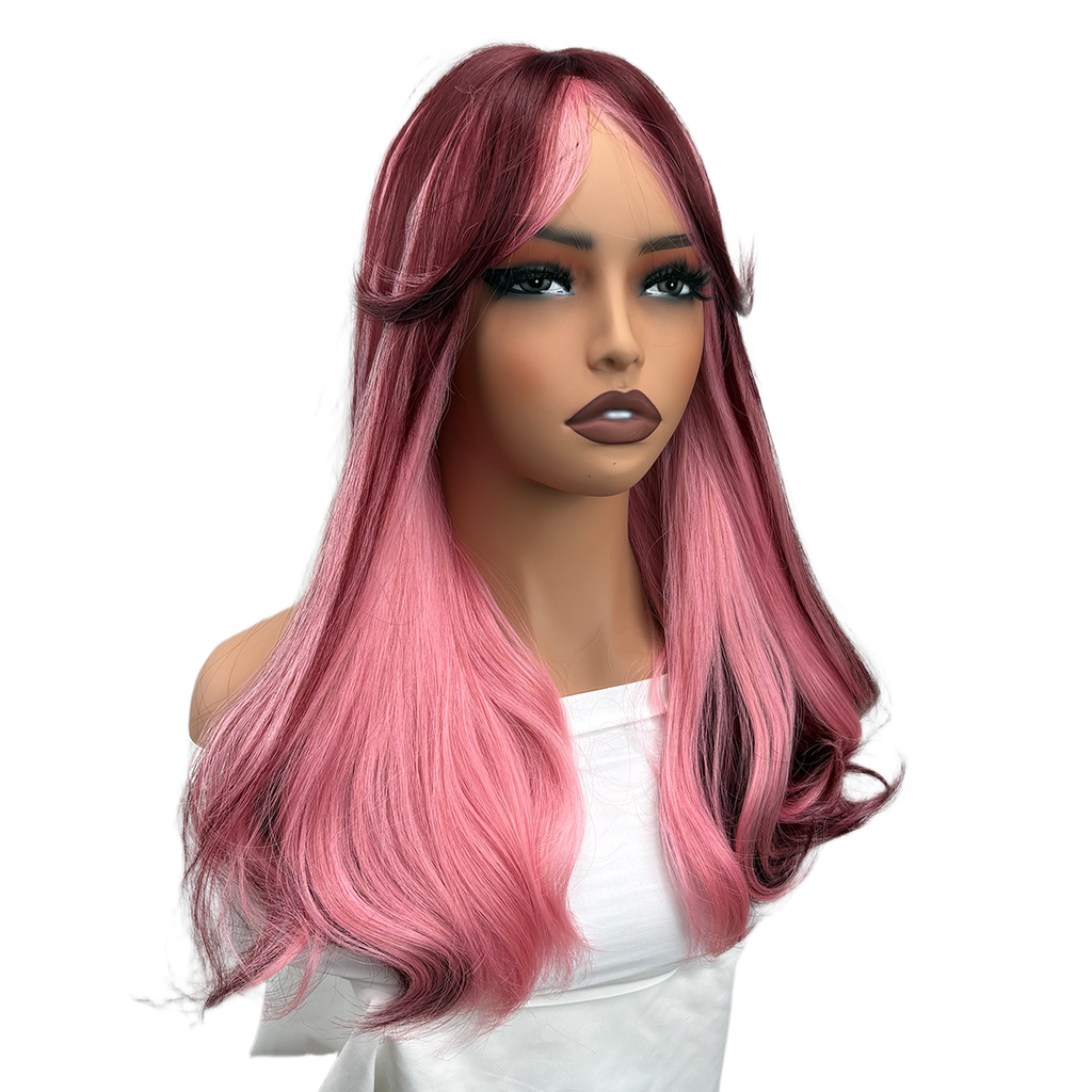 UBeauty Peluca De 66 CM, Rosa Con Mechas Rojo Cereza, Con Flequillo Y Termorresistente