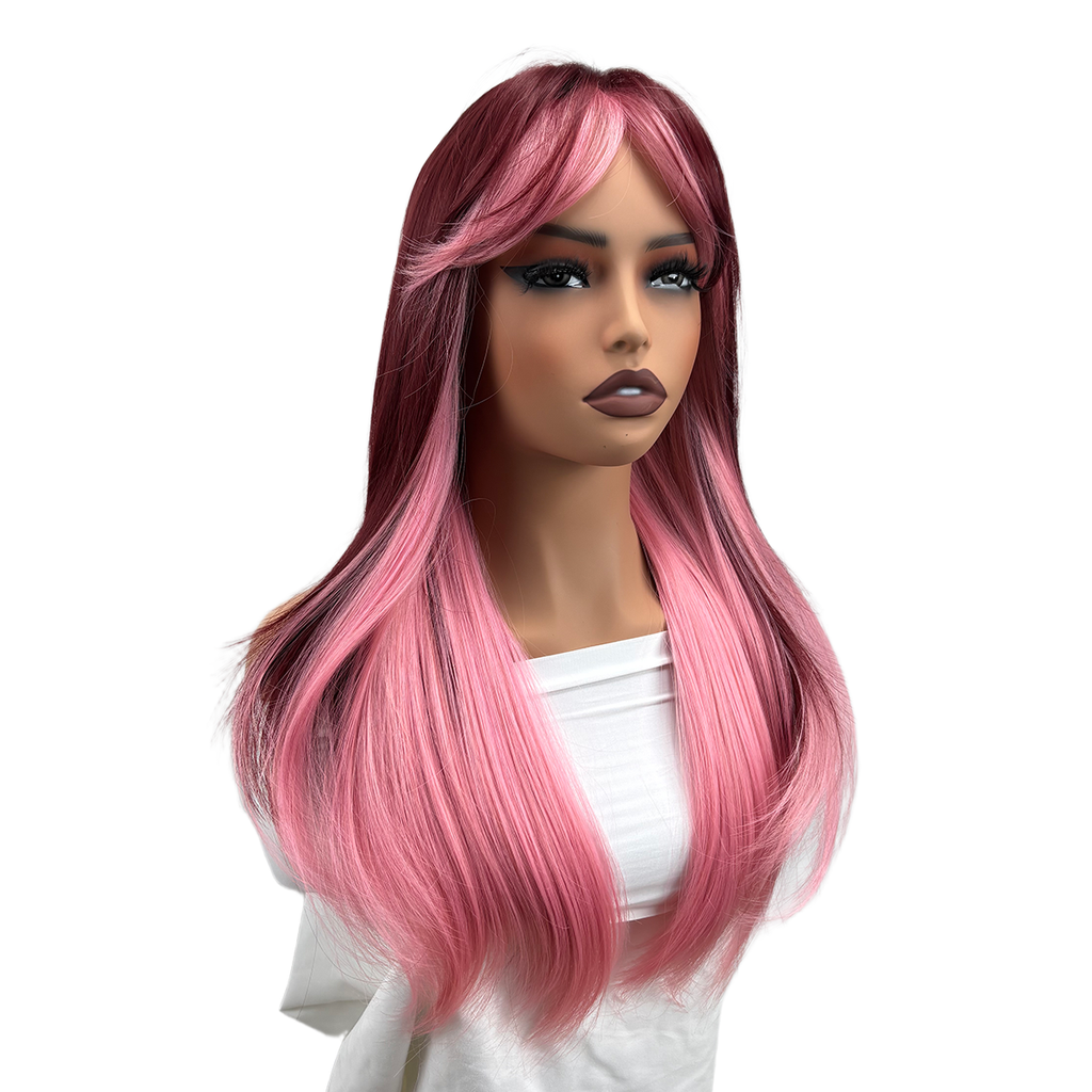 UBeauty Peluca De 66 CM, Rosa Con Mechas Rojo Cereza, Con Flequillo Y Termorresistente