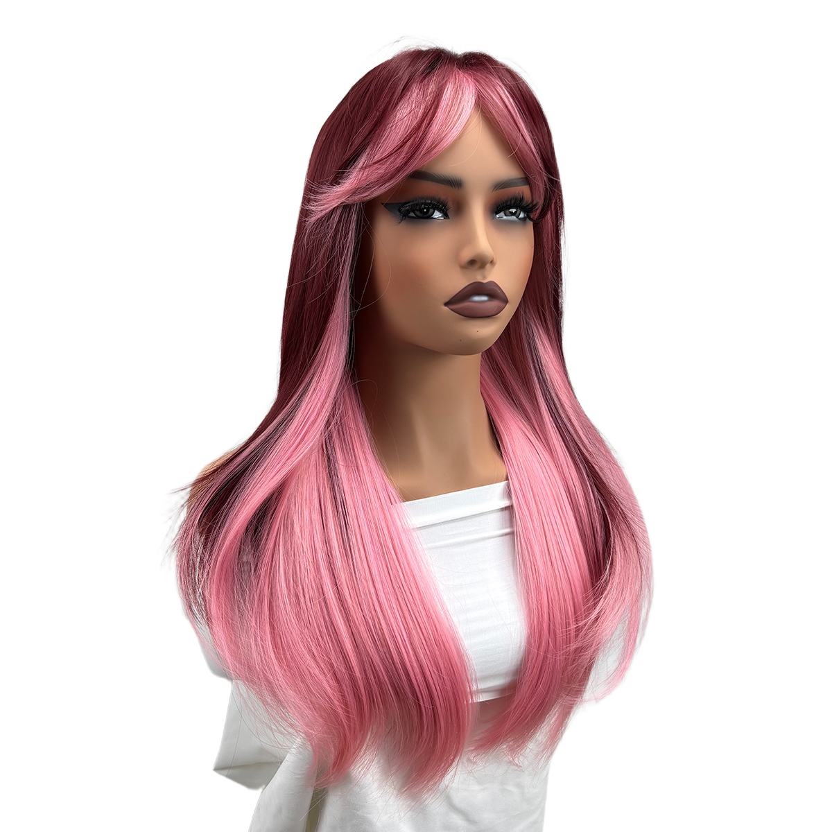 UBeauty Peluca De 66 CM, Rosa Con Mechas Rojo Cereza, Con Flequillo Y Termorresistente