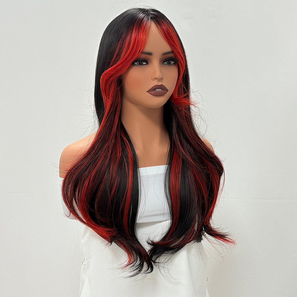 Peluca de 66 centímetro con Mechas Balayage  Fleco en ‘V’ • Ondas Naturales  Para Diario, Fiesta, Viajes Colores Disponibles: Rojo Vibrante, Azul Eléctrico, Morado Mystic