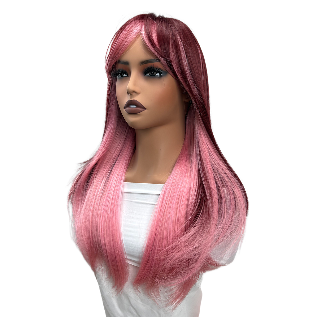 UBeauty Peluca De 66 CM, Rosa Con Mechas Rojo Cereza, Con Flequillo Y Termorresistente
