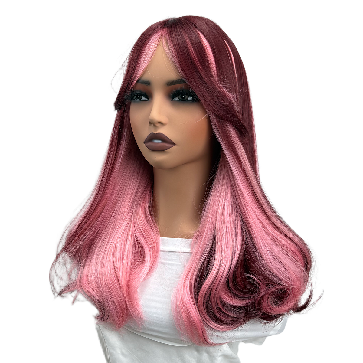UBeauty Peluca De 66 CM, Rosa Con Mechas Rojo Cereza, Con Flequillo Y Termorresistente