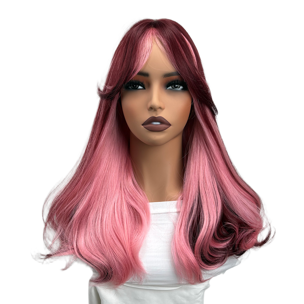 UBeauty Peluca De 66 CM, Rosa Con Mechas Rojo Cereza, Con Flequillo Y Termorresistente
