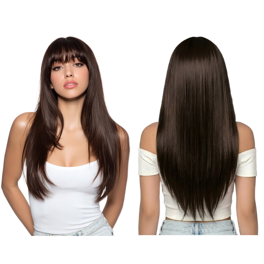 UBeauty Peluca Marrón Lisa 70cm, Con Raya S Realista, Color Natural y Flequillo,Apto para herramientas de calor