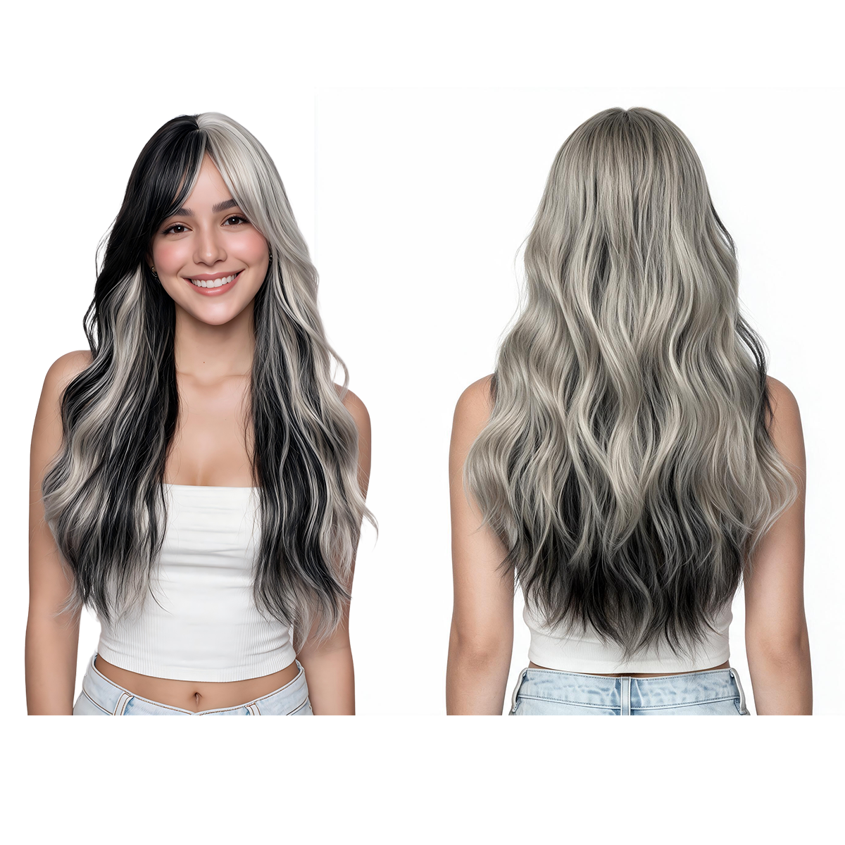 Peluca Ondulada Halloween66cm Negro Blanco Highlight Térmica En Blanco Y Negro
