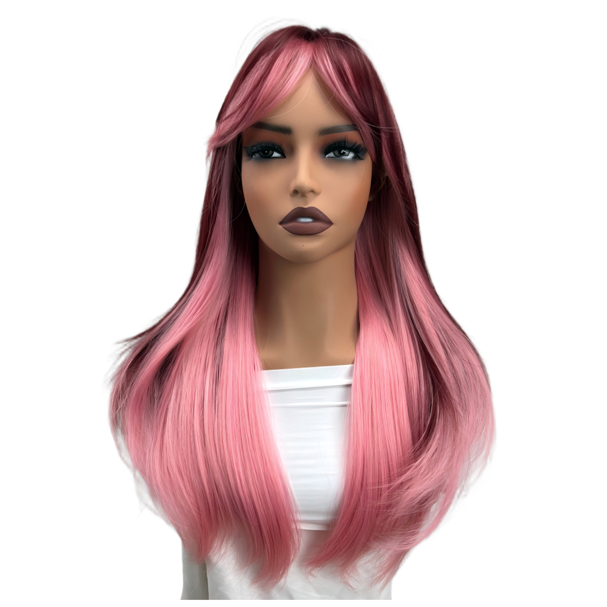 UBeauty Peluca De 66 CM, Rosa Con Mechas Rojo Cereza, Con Flequillo Y Termorresistente
