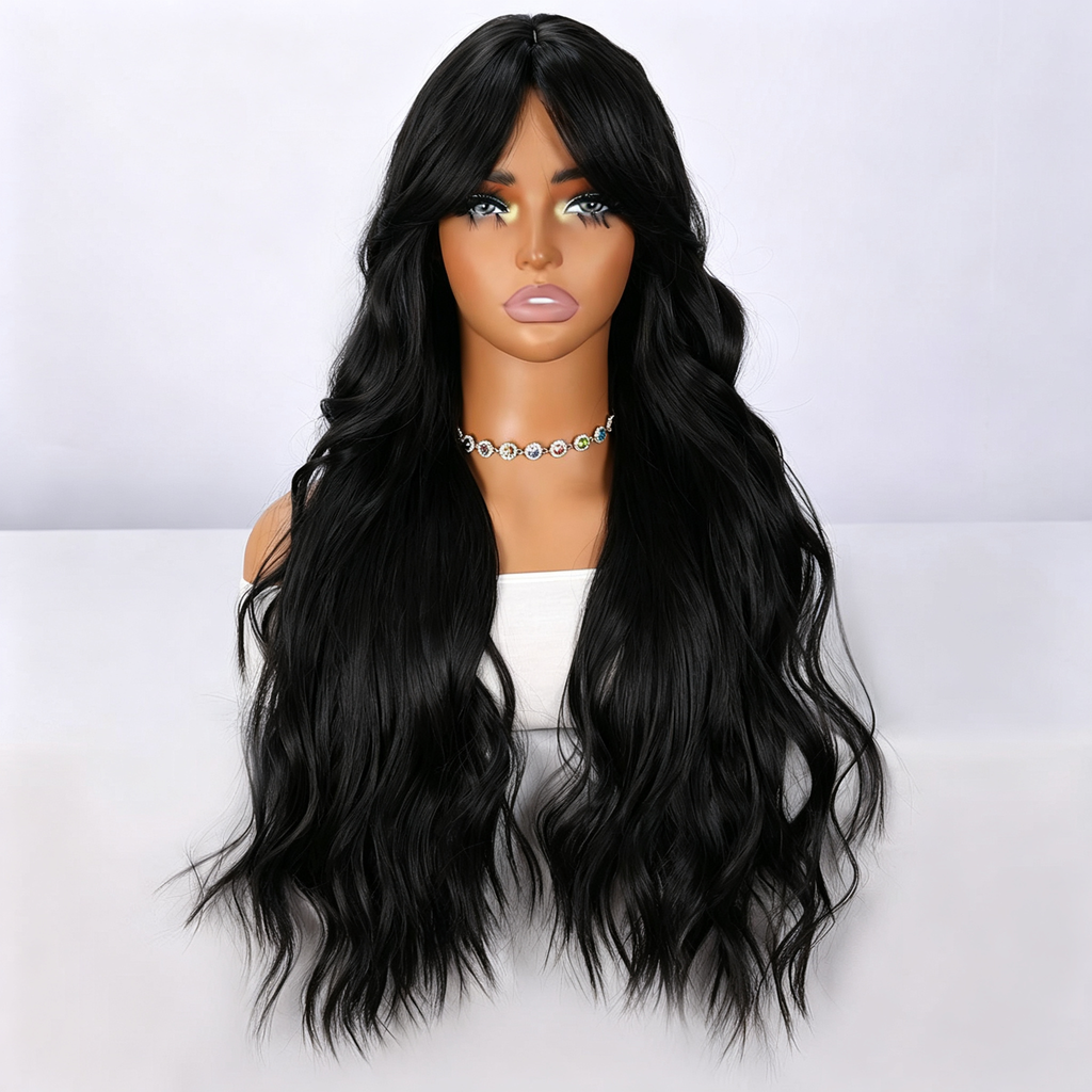 UBeauty Peluca Larga De 68 Cm En Onda De Agua Color Negro, Con Flequillo Y Termorresistente