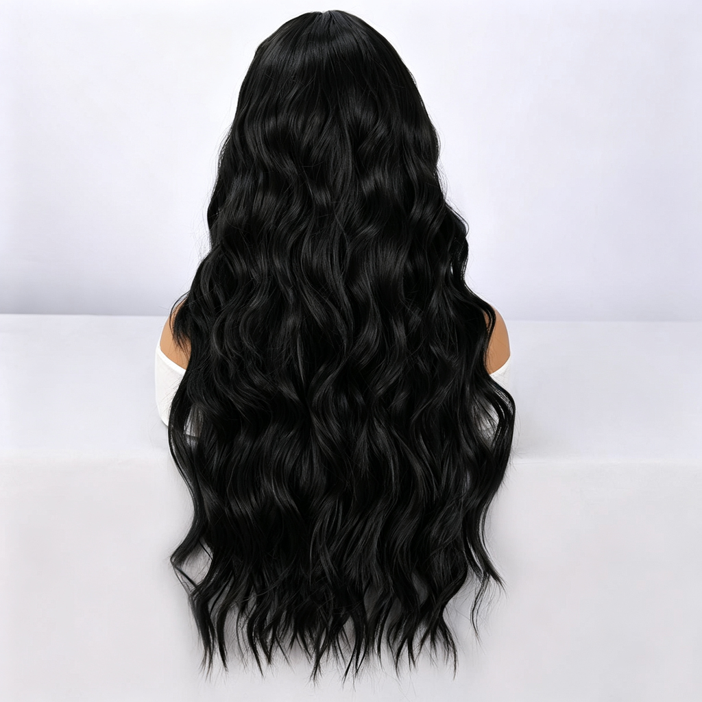 UBeauty Peluca Larga De 68 Cm En Onda De Agua Color Negro, Con Flequillo Y Termorresistente