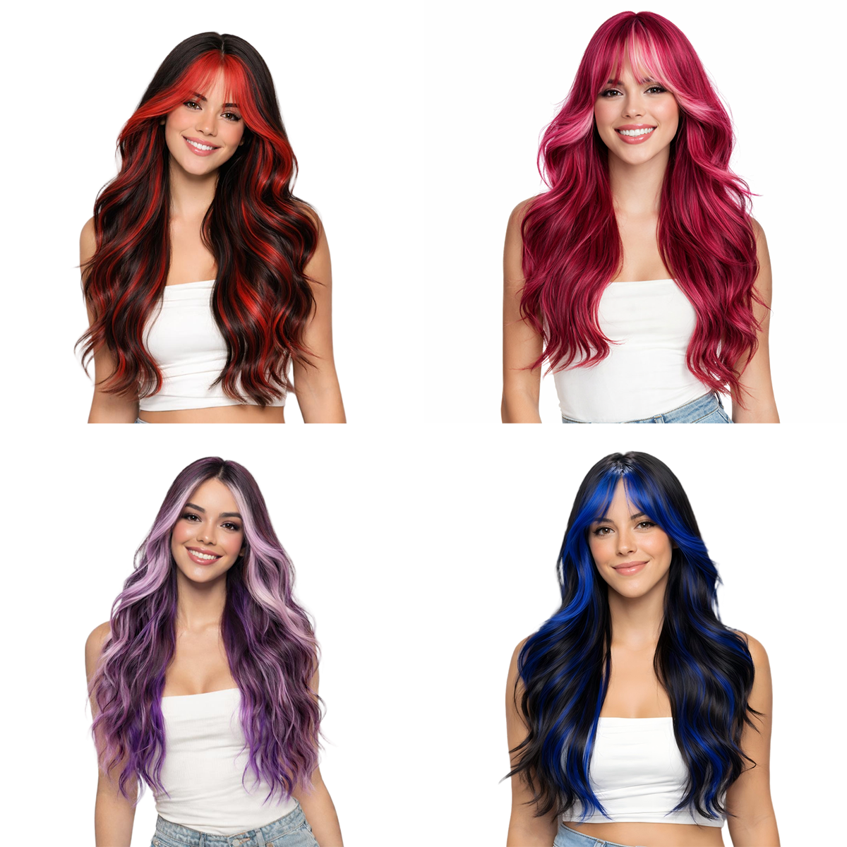 Peluca de 66 centímetro con Mechas Balayage  Fleco en ‘V’ • Ondas Naturales  Para Diario, Fiesta, Viajes Colores Disponibles: Rojo Vibrante, Azul Eléctrico, Morado Mystic